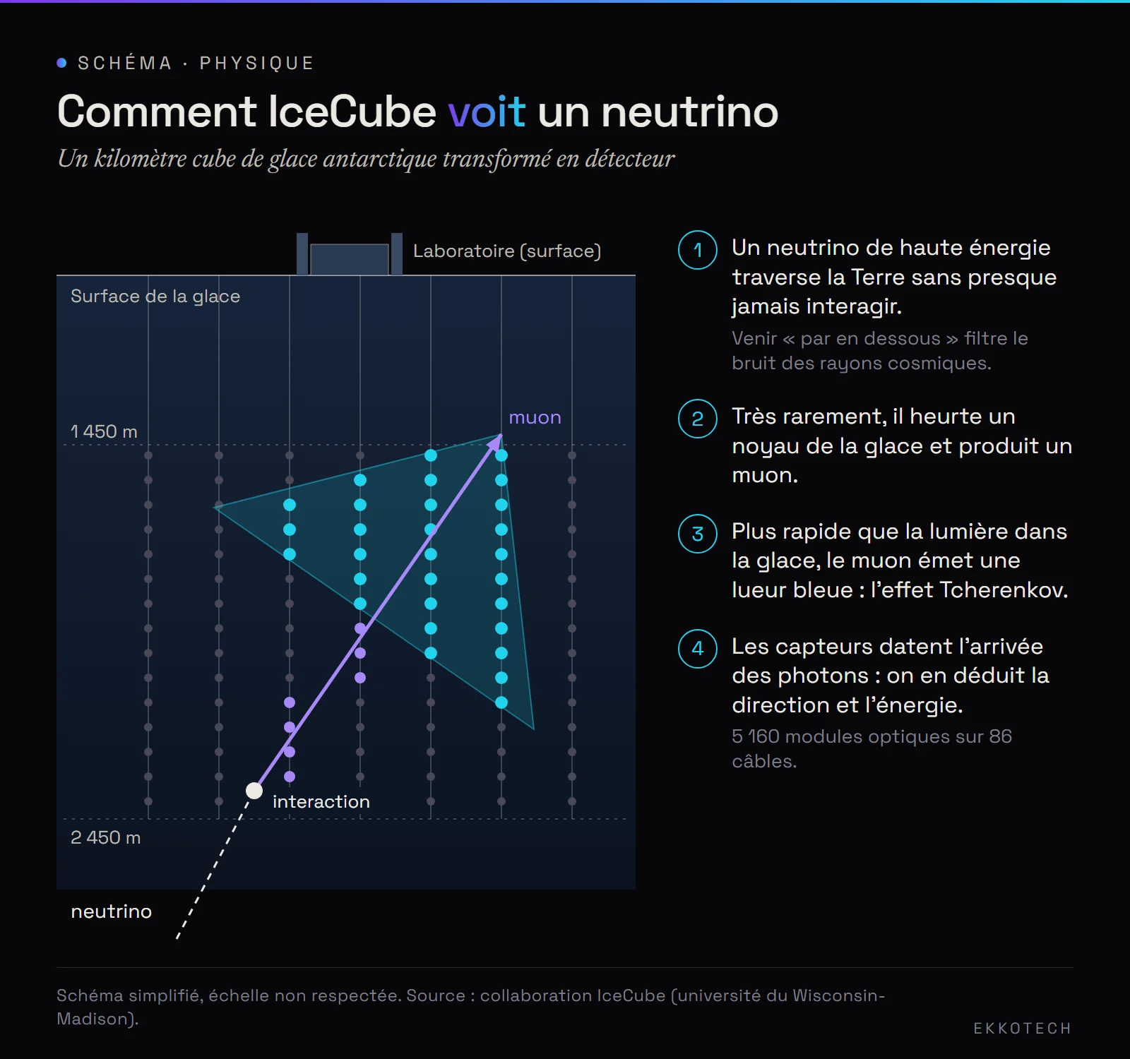 Schéma en coupe d'IceCube : un neutrino venu du dessous interagit dans la glace, produit un muon dont la lumière Tcherenkov est captée par les capteurs disposés entre 1 450 et 2 450 mètres de profondeur
